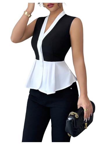 SweatyRocks Women's Sleeveless Button Down Blouse Color Block Ruffle V Neck Work Shirts