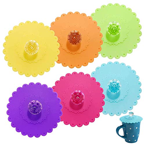 Ziyero 6 Piezas Reutilizables Antipolvo Tapas Silicona Grado Alimenticio Cubierta Taza Diamante Redondo Durable Conveniente,para Hogar, Oficina, Camping, Tazas Café, Tazas Té, Copas Vino etc—6 colores Cover