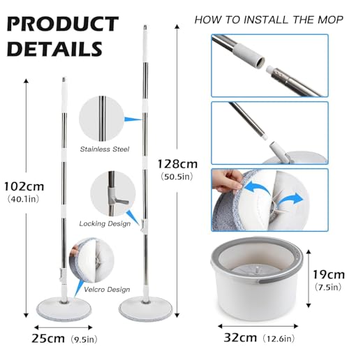 Image of Spin Mop Bucket System, Deluxe 360 Spinning Mop Bucket, Floor Cleaning Mop, Bucket Mop Floor Cleaner for All Floor Types,Spin Mop for Home with Bucket,White