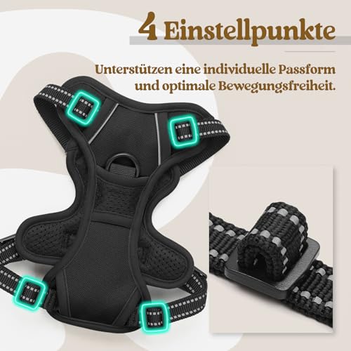 rabbitgoo Hundegeschirr Kleine Hunde, Anti Zug Geschirr mit Kontrolle, No Pull Verstellbar Hundegeschirr Grosse Hunde, Atmungsaktiv Reflexstreifen Brustgeschirr Sichere Führung Schwarz XS
