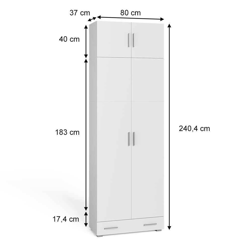 Vicco Aktenregal Ingo, Weiß, 80 x 182.4 cm mit Schrankaufsatz und Schublade, zur Aufbewahrung von Akten und Ordnern im Büroalltag