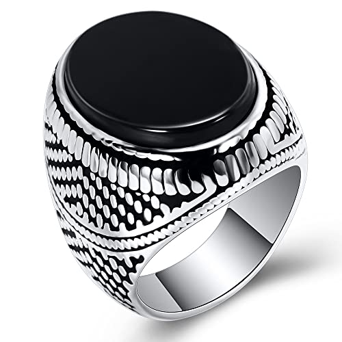 QUSIIOSLK Turkish Handmade Oval Agate Ring Solid 925 Sterling Silver Black Onyx Rings for Men Vintage Natural Agate Stone Ring Statement Band Jewelry Gift for Him 11 -  CV18