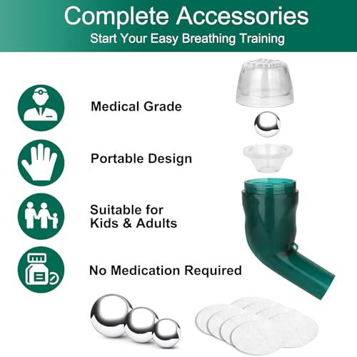 Breathing Exercise Device for Lungs, Lung Expansion and Mucus Relief Device, Portable Expiratory Breathing Exerciser with A Set of Accessories, Breathing Trainer for Lung Cleanse(Green) - Image 3