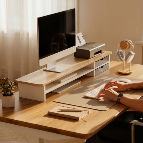 Image of Fenge Monitor Stand, Dual Monitor Riser, 42.5inch Large Desk Computer Monitor Stand Riser with Drawer, 2 Tier Wood & Acrylic Desktop Organizer for Computer, Laptop, Printer, TV Screen Riser