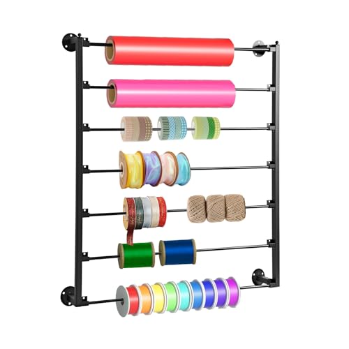 Image of 7 Tier Wall Mounted Ribbon Storage Organizer Rack, Metal Ribbon Holder for Craft Room Flower Store, Ideal for Wrapping Paper Scarf Tie Belt Towel - Black