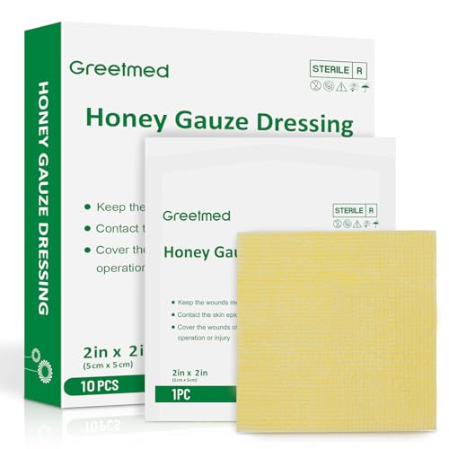 Greetmed Honey Gauze Dressing 2 x 2 Sterile Honey Wound Dressing Medical Grade Manuka Honey Patches for Faster Wound Care | Burns | Traumatic Wounds and Laceration (Individually Pack of 10)