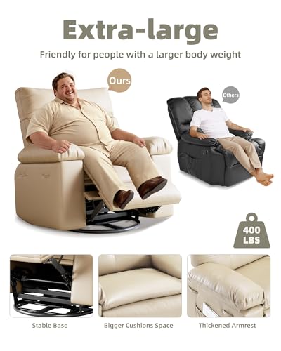 Image of GarveeHome Oversized Leather Recliner Chair, Swivel Rocker Manual Recliner for Adults, Lazy Rocking Chair with Comfort Arms and Back Single Sofa for Living Room