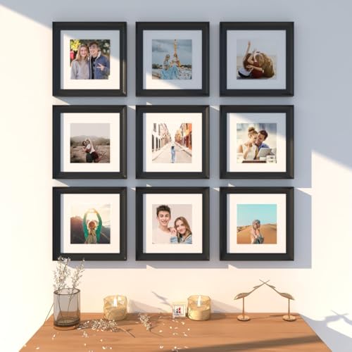 Image of Art Street Wooden Photo Frame for living room, Aesthetic Cave Design Photo Frames for Photograph, Art Work, Certificates Set of 9 (8x8 Inch, Black)