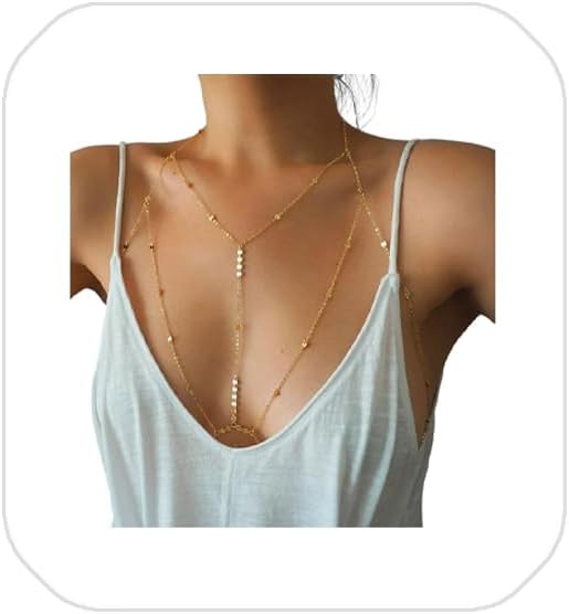 - Sequins Bra Body Chain, Tiny Coins T-Row Dainty Chain Bralette, Bikini Body Jewelry, Layering Festival Body Chain for Women (BC040-Sequins Bra)