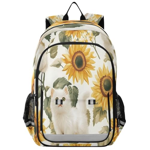 Sac à dos d'école chats blancs motif floral poétique