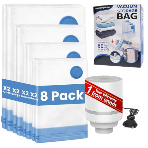 Image of enem Vacuum Bags For Clothes With Pump | Pack of 8 (2 Jumbo, 2 Large, 2 Medium, 2 Small) | Travel Vacuum Bags For Clothes | Wardrobe Organizer For Storage | 1 Year Warranty from enem