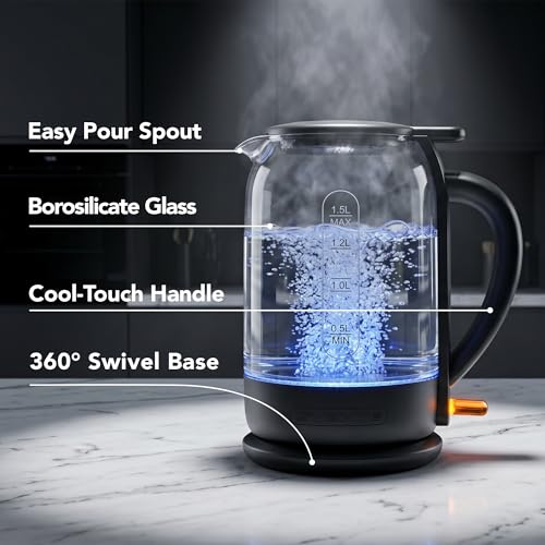 Image of OVENTE 1.5L Glass Electric Kettle Water Boiler, Black KG516B | 1500W Fast Boiling, Easy Fill Lid, Stainless Steel Filter, LED Indicator, Auto Shut-Off, Boil-Dry Protection, 360 Base