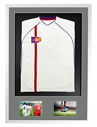 Vivarti Marco de Exhibición para Camiseta Deportiva de Fútbol o Rugby - 61 x 91,5 cm, Blanco Brillante, Soporte Plateado, Tarjeta de Respaldo Negra
