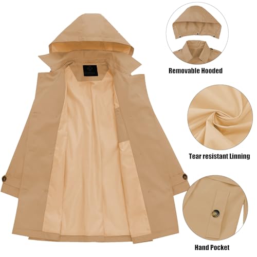 Image of Womens Trench Coat Double-Breasted Long windbreak Belted Slim Outerwear Coat with Detachable Hood S-2XL