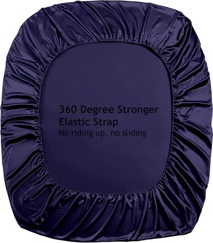 Image of Soft and Silk Satin Fitted Bedsheet for Queen Size 60X78 +12 in - Elastic Fitted Sheet 400 TC Hotel Collection for Bedroom | Fitted Sheet with Pillow Cover - Navy Blue,