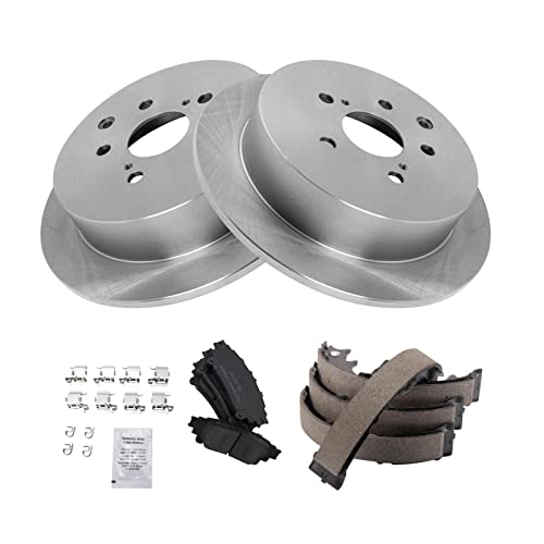 Image of TRQ Rear Brake Pad and Rotor Set Ceramic Parking Brake Shoe Compatible with 2010-2015 Lexus RX350 RX450h 2014-2019 Toyota Highlander 2011-2020 Sienna