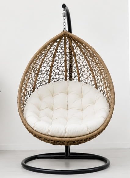Image of Hindoro Rattan Wicker Wrought Iron Single Seater Swing Chair with Stand & Cushion & Hook Outdoor || Patio || Living Outdoor Furniture (Beige with White, Oval), 106.7 x 106.7 x 203 Cm