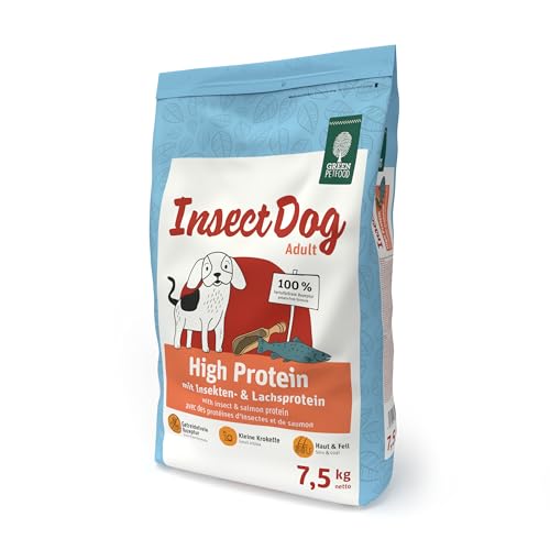 Green Petfood InsectDog High Protein (1 x 7,5 kg) | Adult | Premium Trockenfutter für ausgewachsene aktive Hunde | Lachs- & Insektenprotein & roten Linsen | kleine Krokette | getreidefrei | 1er Pack