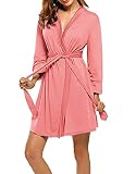 UNibelle Damen Morgenmantel Kurz aus Baumwolle Dünn 3/4 Ärmel Bademantel Kimono Saunamantel Robe Negligee Mit V-Ausschnitt Sommer