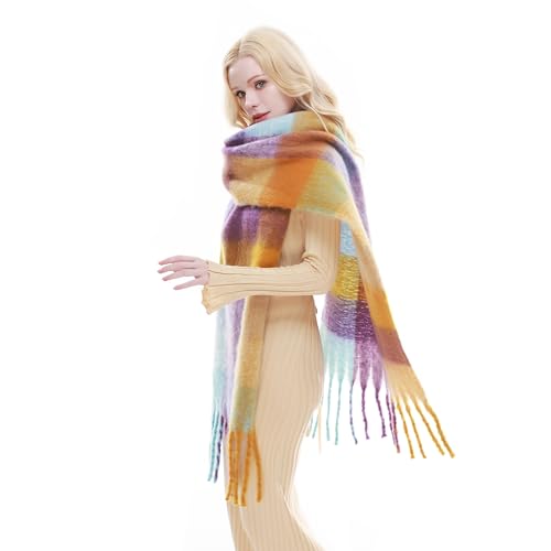 RIIQIICHY Plaid Scarf for Women Chunky Scarves Winter Warm Thick Oversized Blanket Scarf Purple/Blue/Yellow