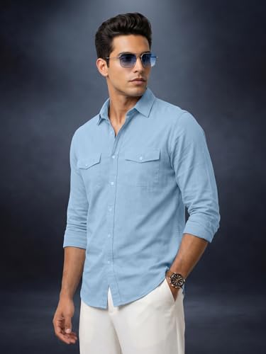 Image of Veirdo Men's Pure Cotton Utility Shirt | Full Sleeve Casual Button-Down with Dual Chest Pockets | Stylish & Comfortable Everyday Wear | Colors: Beige, Black, Maroon, Olive, Rust & White