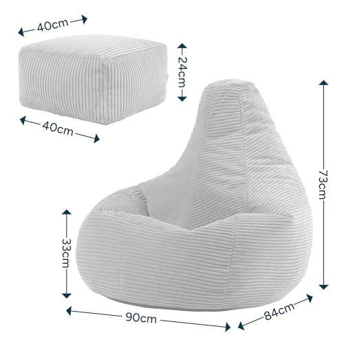 Icon Dalton Sitzsack mit Hocker Cord, Grau, Gaming Sitzsack Erwachsene mit Füllung, Bean Bag, Cord Sessel, Lounge Sessel, Lounge Stuhl, Schlafzimmer, Wohnzimmer, Wohnzimmer Möbel