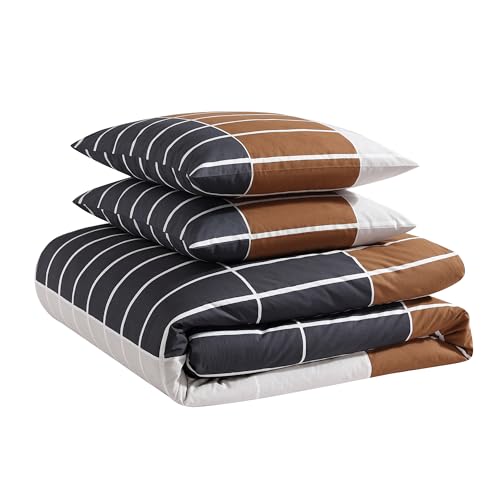 Image of MARIMEKKO - Queen Duvet Cover Set, Organic Cotton Bedding with Matching Shams, Modern Home Decor, GOTS Certified (Tiiliskivi Raita Charcoal, Queen)