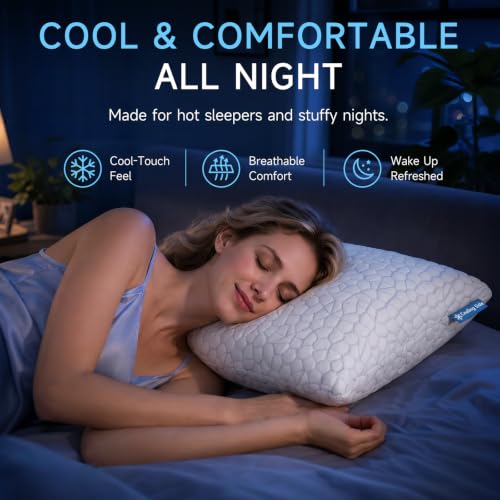 Image of QUTOOL Cooling Pillow for Sleeping, CertiPUR-US Shredded Memory Foam King Pillows Set of 2, Cool Pillow for Hot Sleepers Adjustable Firm Pillow for Side, Back, Stomach Sleepers Soft Yet Support, White