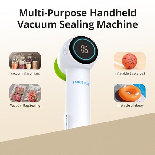 Image of INKBIRD Handheld Vacuum Sealer INK-KZ-90, USB Rechargeable Vacuum Sealer for Food with 4 Mason Jar Lids, Multi-Purpose Use, One-Touch Operation, Kitchen Essentials for Food and Sports Balls