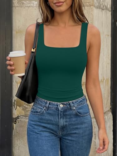 Image of Trendy Queen Women's Double Lined Square Neck Tank Top | Buttery Soft, No-Bra Friendly Slim Fit Crop Cami for Summer Layering & Casual Wear