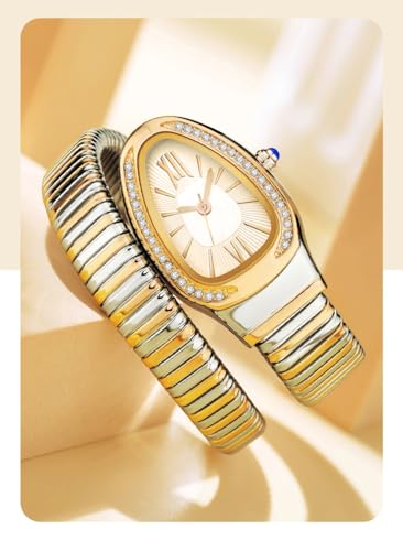 Image of Shocknshop Analog White Dial Diamond-Embellished Snake Spiral Bracelet Watch for Women -WCH166