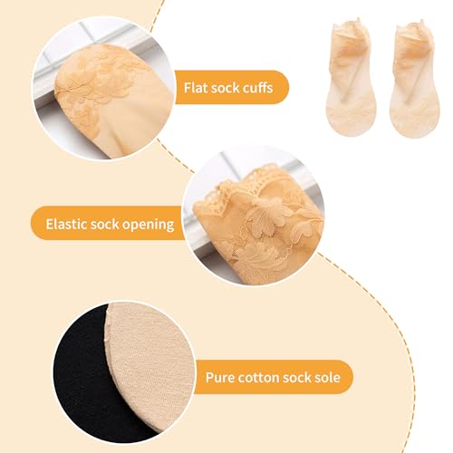 Image of SooGree 3Pairs Lace Socks No Show Frilly Ankle Socks Knit Cotton Socks Non Slip Low Cut Socks for Women Lace Floor Socks
