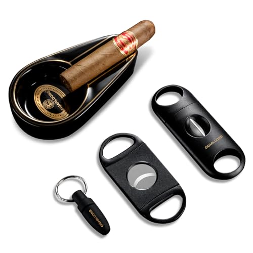 CIGARLOONG Zigarren-Aschenbecher- und -Beschneider-Set. Keramischer Aschenbecher mit V-Beschneider, Guillotine-Beschneider und Zigarrenstich. Ein Zigarrenzubehör-Set,Geschenk für Männer (Schwarz)