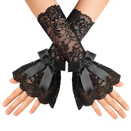 Avidlove Ruffle Bow Lace Gloves for Women Fingerless Elbow Length Costume Gloves for Masquerade Opera Tea Party Goth