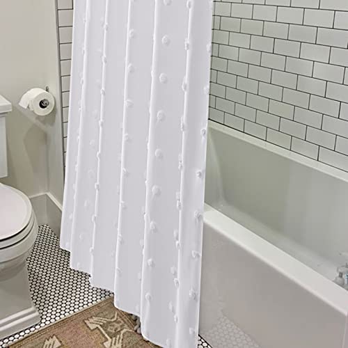 Estmy White Boho Fabric Shower Curtain Sets With Hooks, Tufted Dot Simple Cute Modern Shower Curtain Bathroom Decor, Pompom Bohemian Chic Bath Curtains, Heavy Duty/Water Repellent/Washable, 72X72 #TOP2