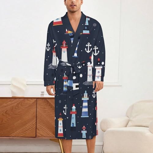 Colorful Lighthous Soft Robe Long Sleeve Bathrobes V Neck Sleepwear Spa Robes with Belt Men Woman2