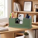 Desk Organizer, Desktop Caddy Leather Multi-compartment Pen Holder Office Stationer Organizer, Malachite Green - Image 2