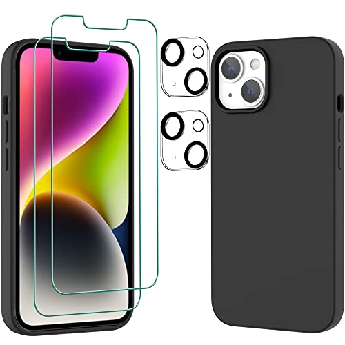 VAKS for iPhone 14 6.1 inch Liquid Silicone Case with 2 Tempered Glass Screen Protector + 2 Camera Lens Protector, Shockproof Anti-Fingerprint Anti-Scratch Slim Soft Case,Black
