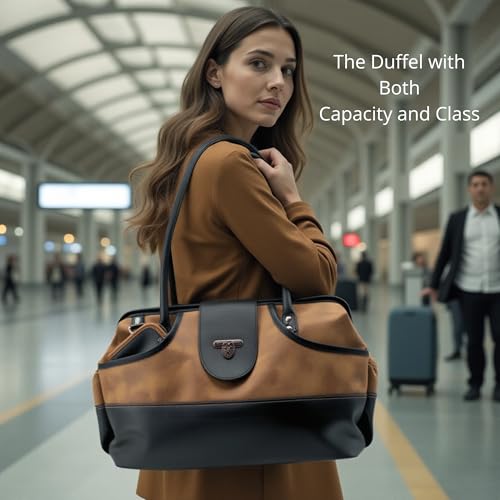 BORSALI Weekender Duffel Bag for Women with Packing Cubes, Travel Wallet, Shoe Covers, Crossbody Strap, Vegan Leather (Brown Duffel)4