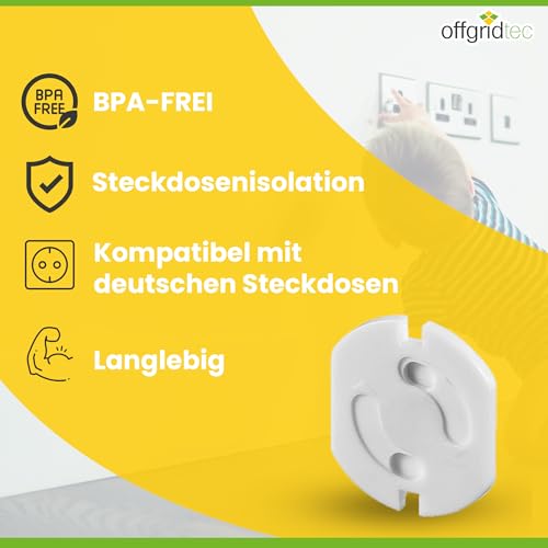 Offgridtec 20x Kindersicherung Steckdose mit sicherem 2-Wege-Drehmechanismus, Steckdosen-Abdeckung, Starkem Kleber, Verhindert Unfälle & Stromschläge, Kompatibel mit Standard deutschen Steckern – Weiß