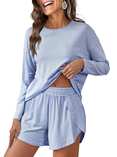 ANRABESS Womens Long Sleeve Pajama Sets 2025 Fall 2 Piece Outfits Lounge Matching Short Set Striped Pjs Loungewear Sleepwear Blue White Large