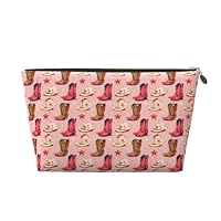 Leopard Print Pink Cowboy Boots Print Makeup Bag, Cosmetic Travel Toiletry Bag for Women, Cute Leather Makeup Pouch Organizer