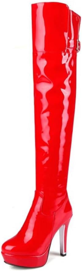 Women's Wide Calf Over The Knee High Heels Boots Platform Zip Belt Buckle Black Red Patent Leather Thigh High Boots for Party Dance Wedding Dating Leisure Daily Life