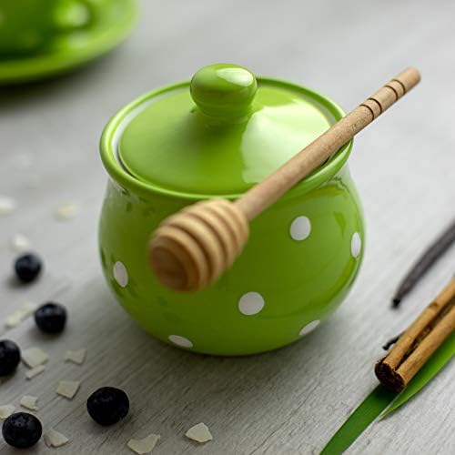 City to Cottage® Lime Green and White Polka Dot Handmade Hand Painted Ceramic Sugar Bowl Pot with Lid | Jam Honey Jar