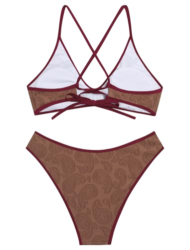 Image of ZAFUL Women's Tie Back Padded High Cut Bralette Bikini Set Two Piece Swimsuit