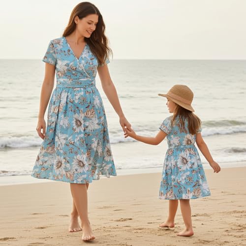 Image of Mommy and Me Floral Dresses Mother Daughter Matching Short Sleeve Tshirt Midi Dress Crew Neck Outfits with Pockets