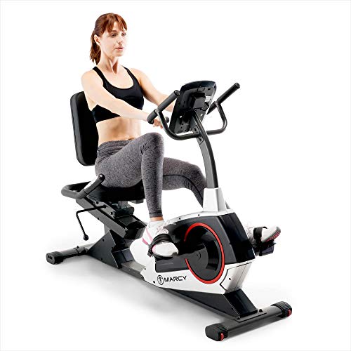 Image of Marcy Regenerating Recumbent Exercise Bike with Adjustable Seat, Pulse Monitor and Transport Wheels ME-706