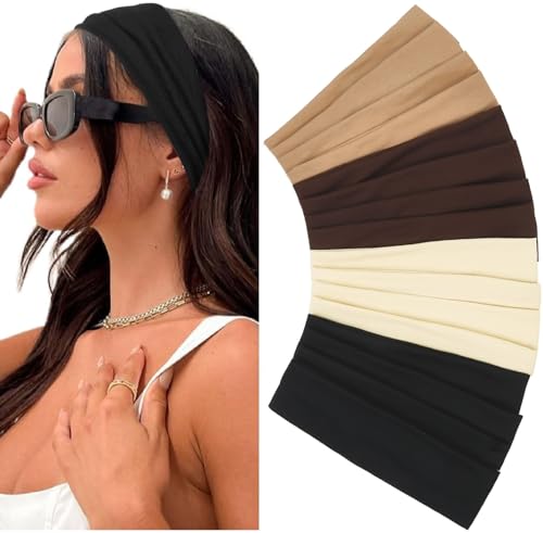 Elastic Non-Slip Soft Cloth Fabric Womens Headbands 16 Pack - Yoga Running Sports Hair Accessories in Black Brown Beige Thick