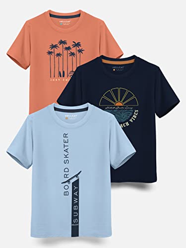 Image of HELLCAT Boys Round Neck Printed Blended Cotton Tshirt -Combo Pack of 2 - Orange /Blue