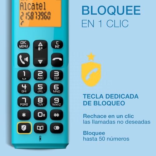 Teléfono inalámbrico DECT Alcatel E260 compacto con manos libres y pantalla, color azul 5